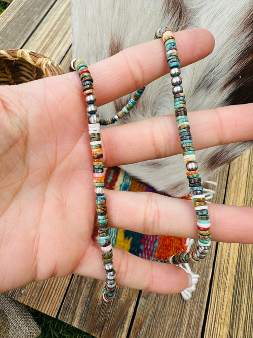Handcrafted Turquoise, Spiny Oyster & Sterling Silver Beaded Necklace