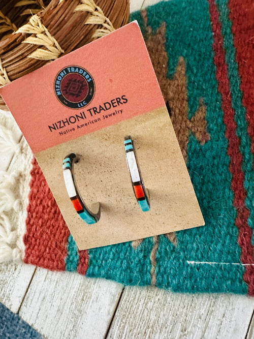 Handcrafted Old Pawn Sterling Silver & Multi Stone Inlay Hoop Earrings