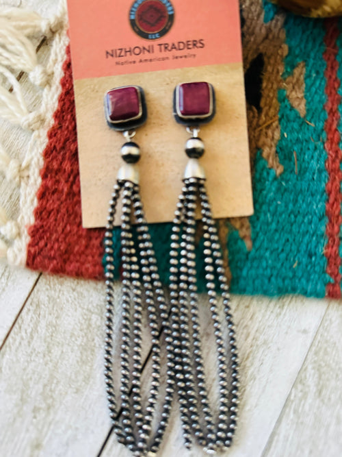 Navajo Purple Spiny & Sterling Silver Pearl Beaded Tassel Dangle Earrings by Emerson Thompson