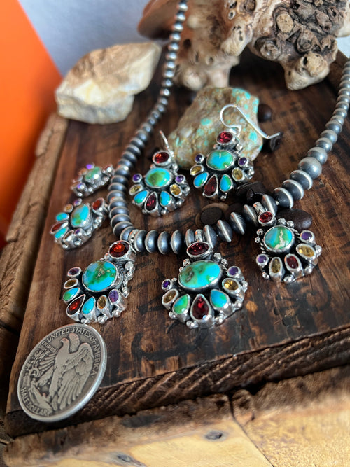 Navajo Made Sterling Silver Gems & Jewels Beaded Cluster Necklace and Earrings Set by Dianne Wylie