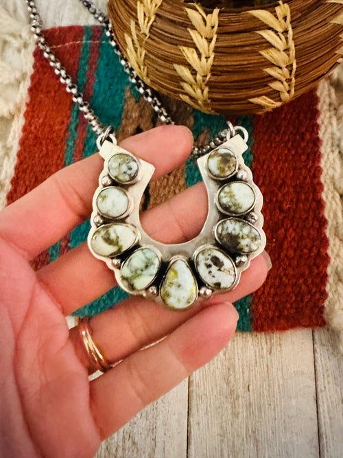 Navajo Beaded Sterling Silver & Palomino Turquoise Horseshoe Necklace