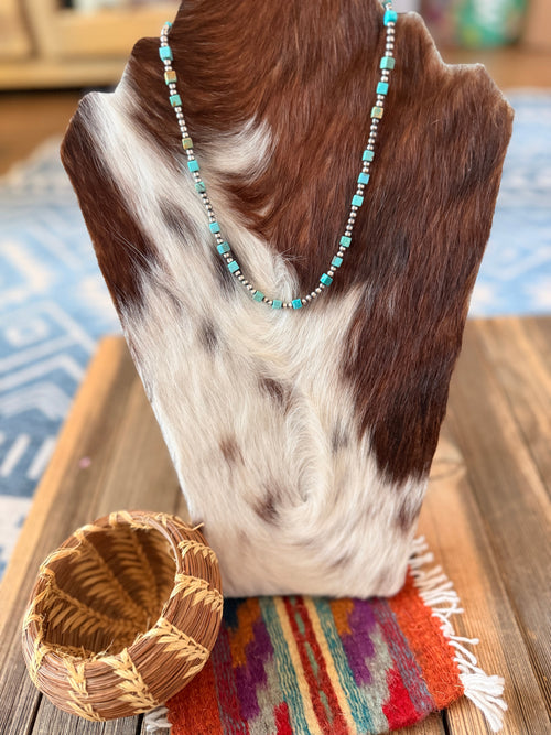 Handcrafted Turquoise & 3mm Sterling Silver 16” Beaded Necklace