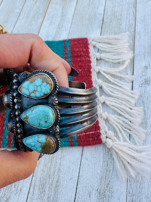 Handcrafted Old Pawn Sterling Silver & Turquoise Cluster Cuff Bracelet by Anthony Skeets