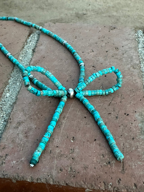 Navajo Made Sterling Silver & Turquoise  Pearl Beaded Bow Tie  Necklace 18 inches