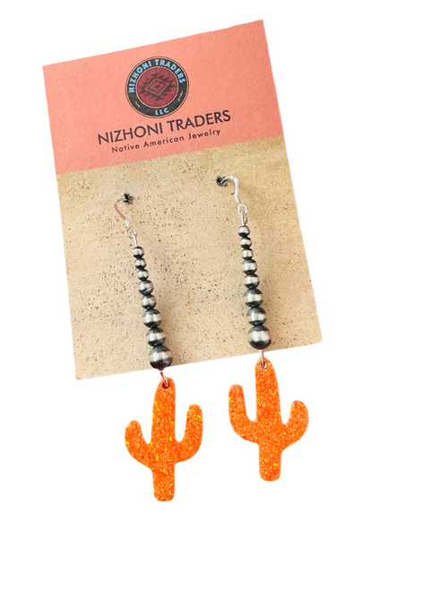Summer Lovin’ Navajo Sterling Silver Pearl Beaded Opal Cactus Dangle Earrings