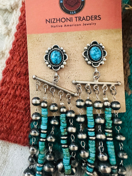 Navajo Turquoise & Sterling Silver Pearl Beaded Tassel Dangle Earrings