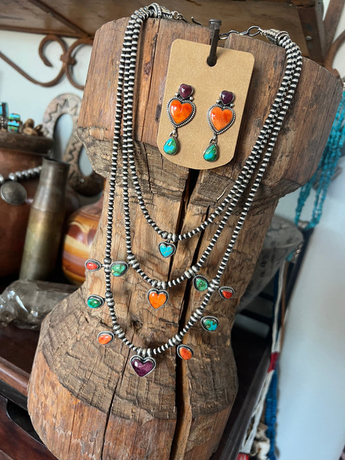 Navajo Made Sterling Silver Electric Rainbow Triple Layer Beaded Drop & Heart Necklace by Loretta Delgarito