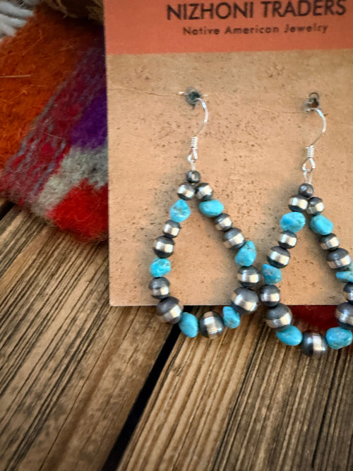 Handcrafted Turquoise & Sterling Silver Pearl Beaded Dangle Hoop Earrings