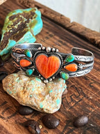 Handcrafted Split Sterling Silver, Sonoran Turquoise & Spiny Oyster Heart Cuff Bracelet by Diane Wylie