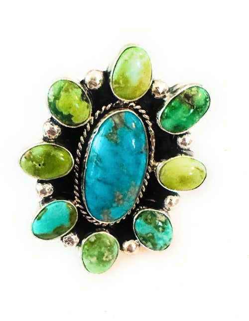 Navajo Sterling Silver & Multi Turquoise Cluster Adjustable Ring