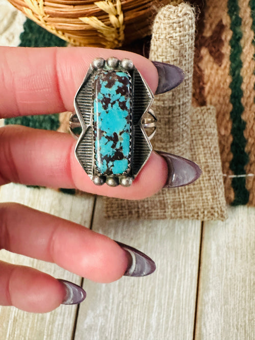 Old Pawn Handcrafted Turquoise & Sterling Silver Ring Size 9