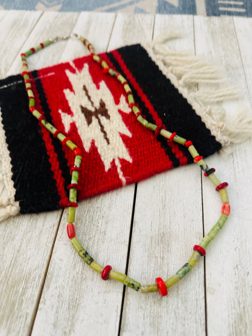 Navajo Turquoise, Coral & Sterling Silver Pearl Beaded Necklace