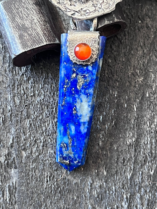 Tularosa Rosary Style Sterling Silver, Lapis Lazuli and Carnelian Ancient Owl Talisman Necklace