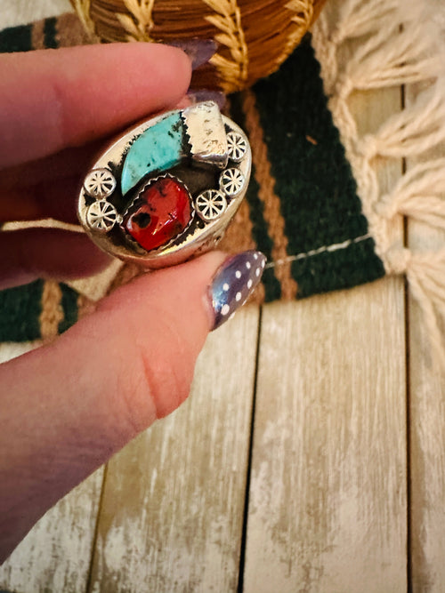Old Pawn Handcrafted Turquoise, Coral & Sterling Silver Ring Size 12.5