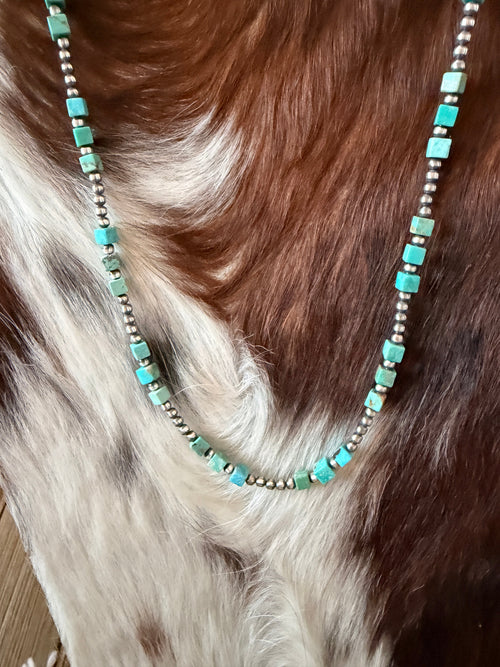 Handcrafted Turquoise & 3mm Sterling Silver Pearl Beaded Necklace