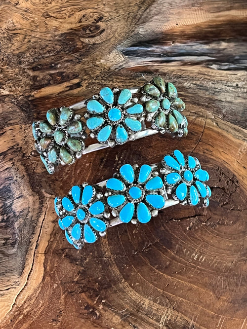 Old Pawn Navajo Sterling Silver and Mixed Turquoise Daisy Cluster Cuff Bracelet, Signed MA