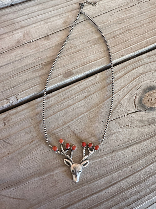 Handmade Sterling Silver Coral Beaded Reindeer Necklace