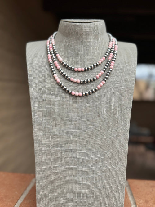Handcrafted  Sterling Silver Pearl & Queen Pink Conch Beaded Necklace 6mm