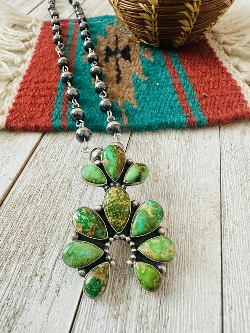 Navajo Sterling Silver & Sonoran Gold Turquoise Beaded Naja Necklace Signed