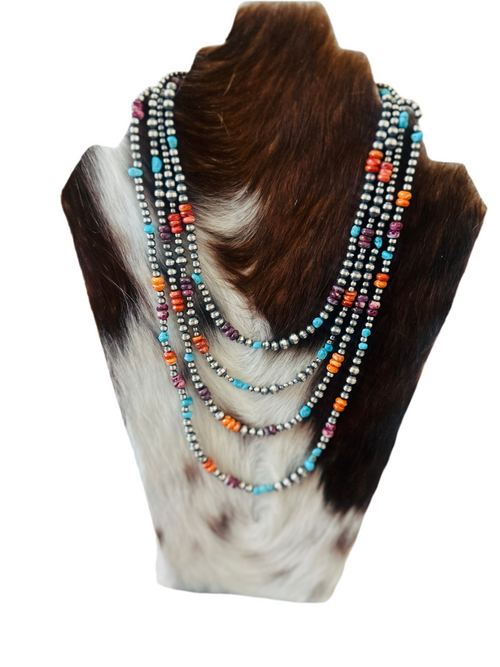 Navajo Sterling Silver, Spiny Oyster & Turquoise Beaded Necklace