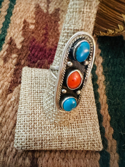 Old Pawn Turquoise, Coral and Sterling Silver Ring Size 8