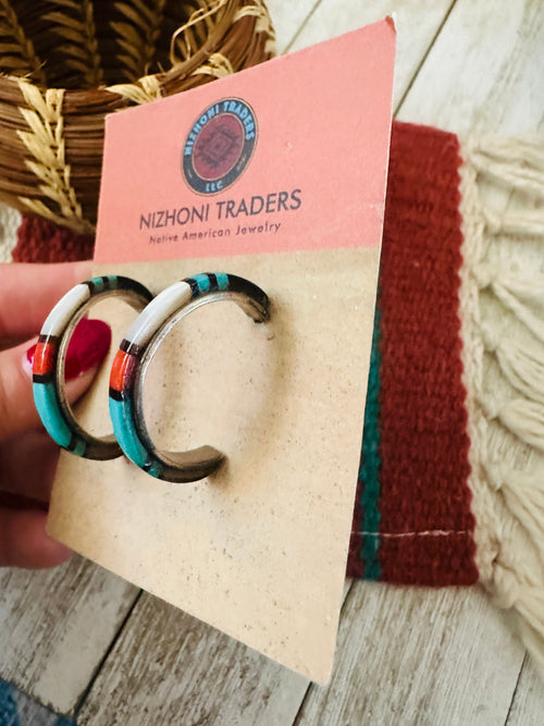 Handcrafted Old Pawn Sterling Silver & Multi Stone Inlay Hoop Earrings