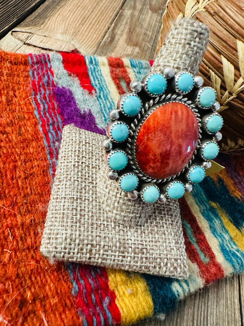 Old Pawn Handcrafted Spiny Oyster, Turquoise & Sterling Silver Ring Size 10
