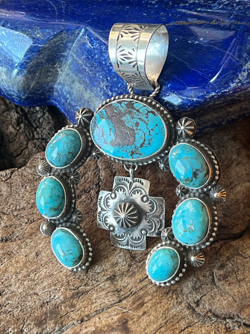 Apache Made Sterling Silver and Egyptian Turquoise Naja Pendant by Rosella Paxson