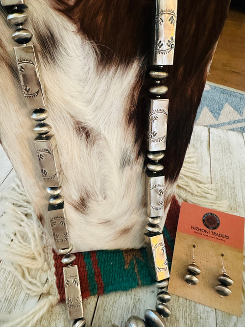 Navajo Hand Stamped Sterling Silver Beaded Necklace & Earring Set