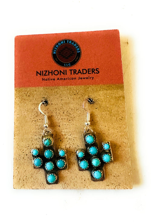 Navajo Sterling Silver & Turquoise Cactus Dangle Earrings