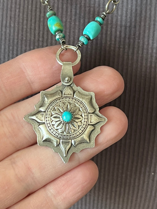 Tularosa Rosary Style Sterling Silver and Turquoise True North Beaded Necklace