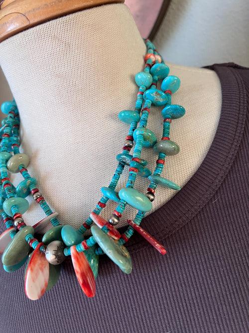 Gorgeous Handcrafted Triple Strand Sterling Silver, Turquoise and Spiny Oyster Beaded Tab Necklace by Daniel Coriz