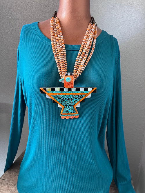 Warren Nieto Inlay Turquoise and Spiny Oyster Thunderbird  Necklace & Earrings Set