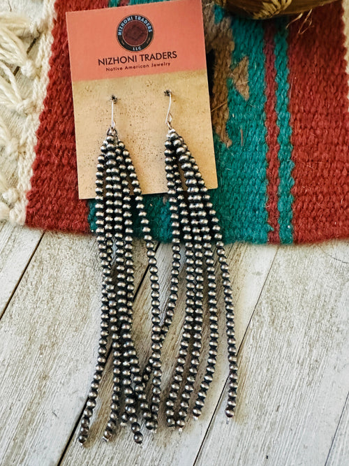 Navajo Sterling Silver Pearl Beaded Tassel Dangle Earrings