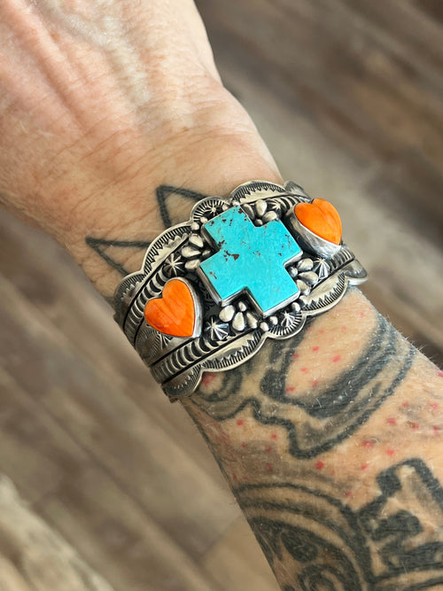 Navajo Sterling Silver, Kingman Turquoise and Spiny Oyster Santa Fe Cross Cuff Bracelet by Murphy Platero
