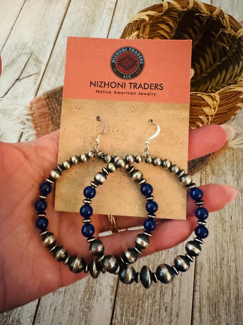 Navajo Lapis & Sterling Silver Pearl Beaded Dangle Hoop Earrings