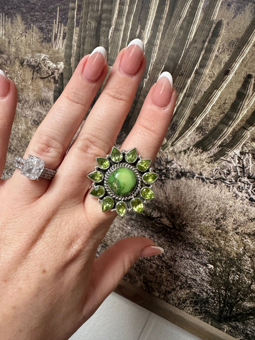 Handmade Sterling Silver, Sonoran Turquoise & Peridot Cluster Adjustable Ring