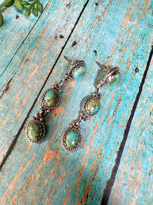 Handmade Natural Royston Turquoise and Sterling Silver 3 Stone Dangles