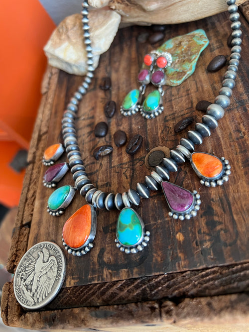 Navajo Made Sterling Silver Electric Rainbow Beaded Drop Charm Necklace & Earrings Set by Loretta Delgarito