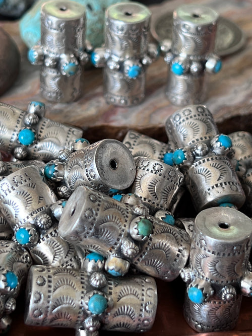 Handmade Stamped Sterling Silver & Turquoise Cylinder Beads, The Beacon