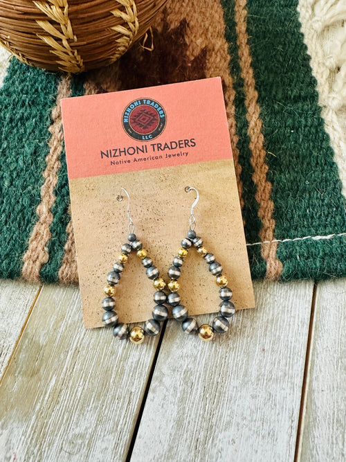 Navajo Gold & Sterling Silver Pearl Beaded Dangle Hoop Earrings