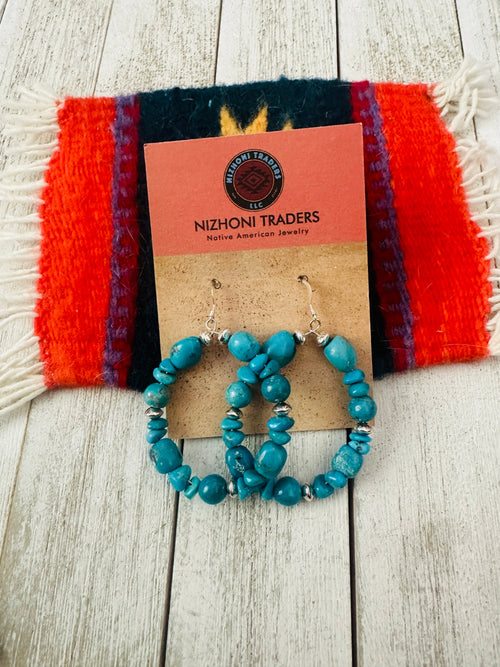 Navajo Kingman Turquoise & Sterling Silver Beaded Hoop Earrings