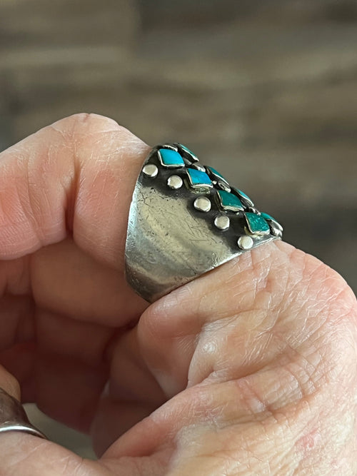 Old Pawn Sterling Silver and Diamond Turquoise Snake Eye Cigar Band Style Ring, Size 10.5