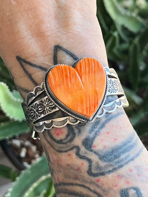Navajo Sterling Silver and Orange Spiny Oyster Shell Heart Cuff Bracelet by Murphy Platero