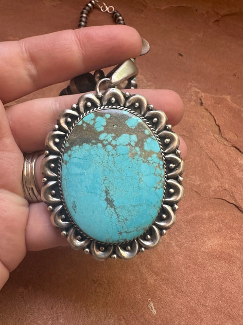 Beautiful Navajo Sterling Silver Beaded Turquoise Necklace With Pendant Signed E Richards