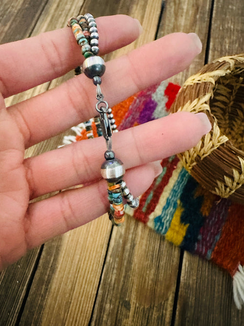 Handcrafted Turquoise, Spiny & Sterling Silver Pearl Triple-Strand Beaded Bracelet