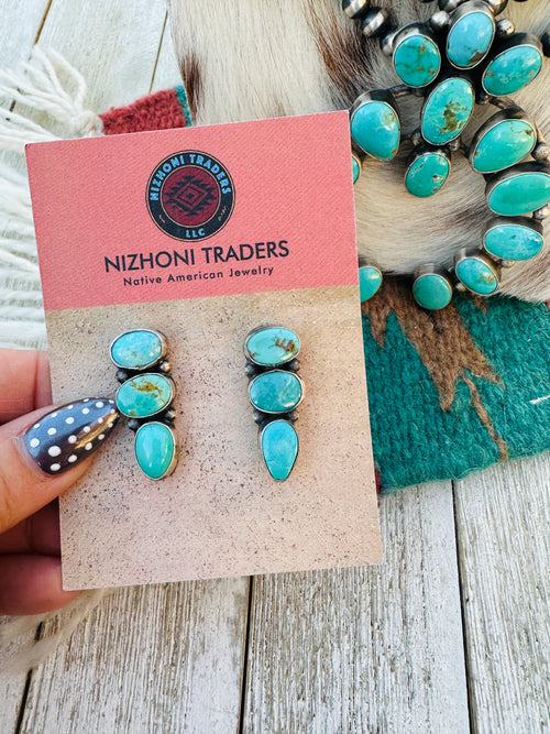 Handcrafted Carico Lake Turquoise & Sterling Silver Squash Blossom Necklace and Earring Set