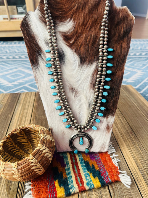 Old Pawn Handcrafted Turquoise & Sterling Silver Squash Blossom Necklace