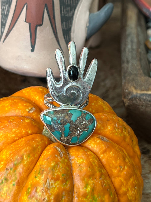 Handcrafted Sterling Silver, Turquoise and Black Onyx Hand Ring by Jay Coriz, Size 8