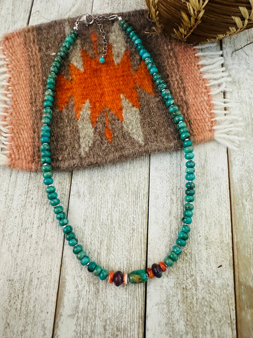 Navajo Turquoise, Spiny, Amethyst & Sterling Silver 16” Beaded Necklace